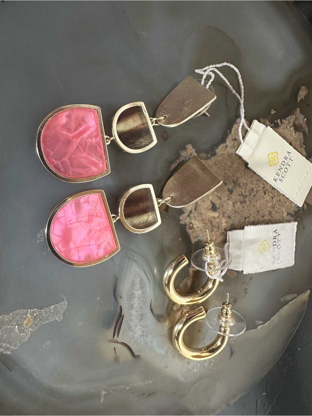Kendra Scott Gold and Pink Drop Statement Earrings and gold hoops - Picture 2 of 6